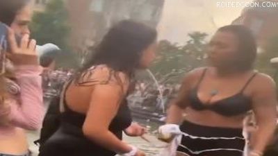 Black Girl with Bra Chimps Out in a Fountain