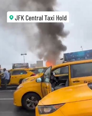 Dramatic Incident: Taxi Engulfed in Flames at JFK Taxi Lot